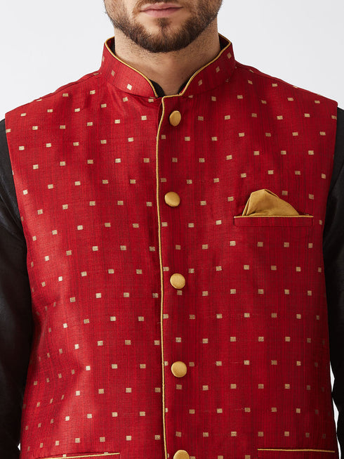 Vastramay Men's Maroon Zari Weaved Jacket With Kurta Dhoti Set